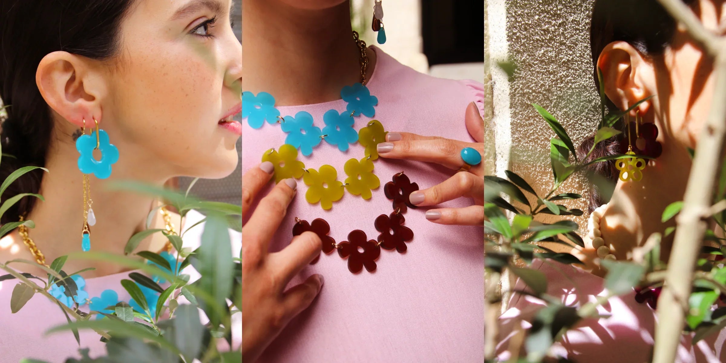 Collar y aretes florales artesanales en colores vibrantes, joyería inspirada en la cultura colombiana